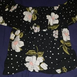 Black with white polka dot off the shoulder shirt